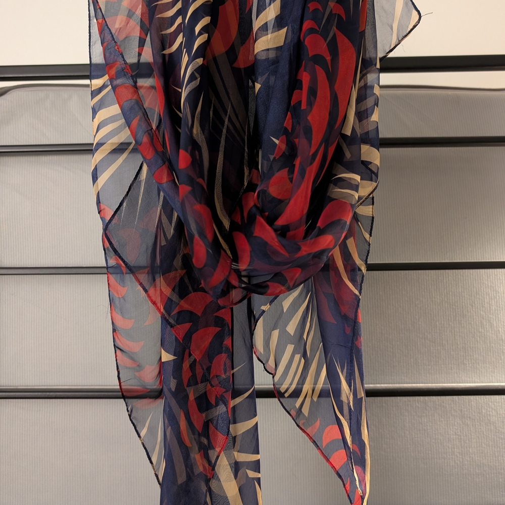 Fiore Sheer Silk Scarf with Red and Navy Design